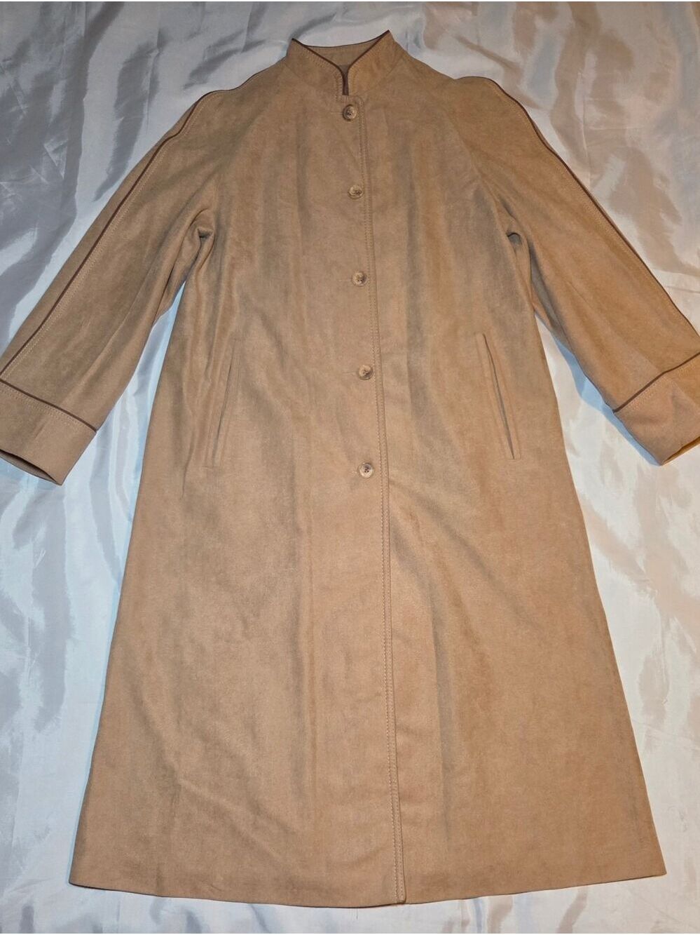 Vintage 80s Forecaster of Boston Camel Duster Coat Mandarin Collar Minimalist - Picture 7 of 11